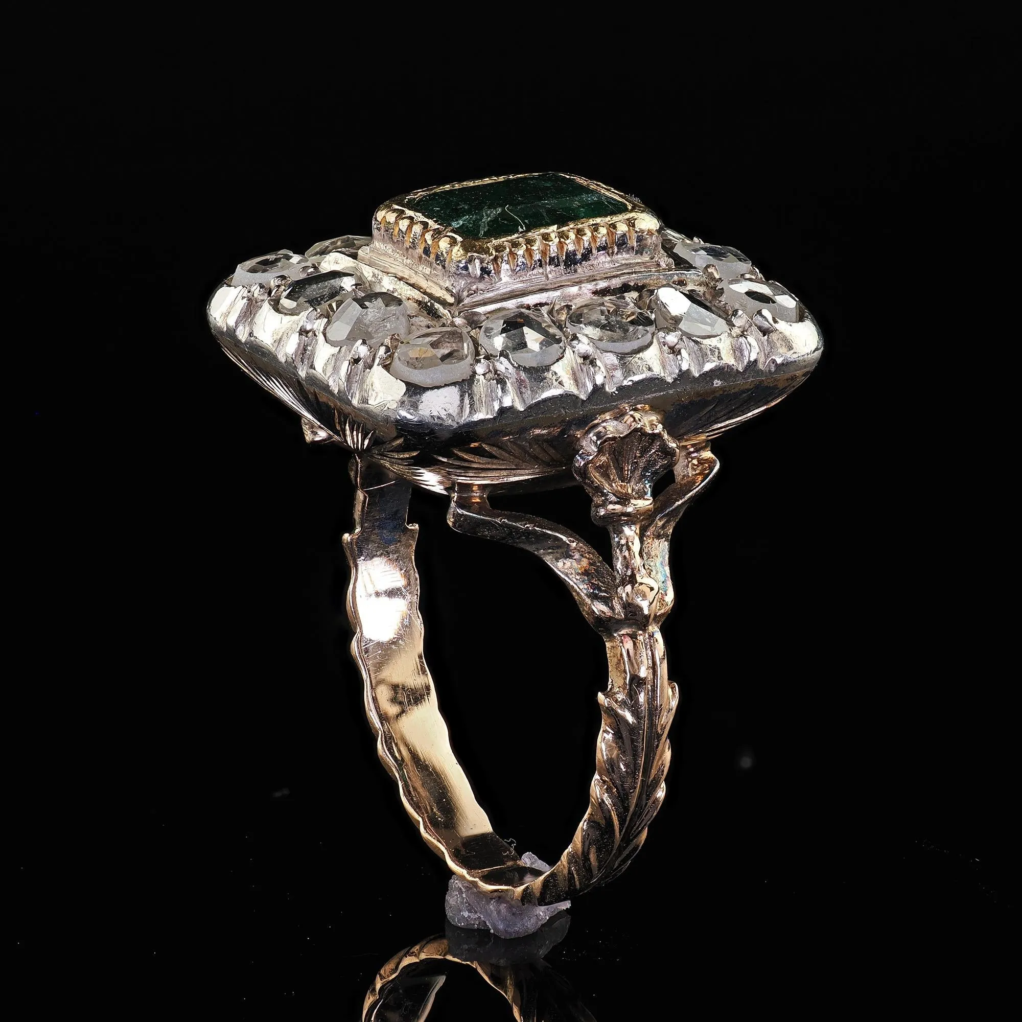 Victorian Style 12K Yellow Gold Rose Cut Diamond and Emerald Cocktail Ring