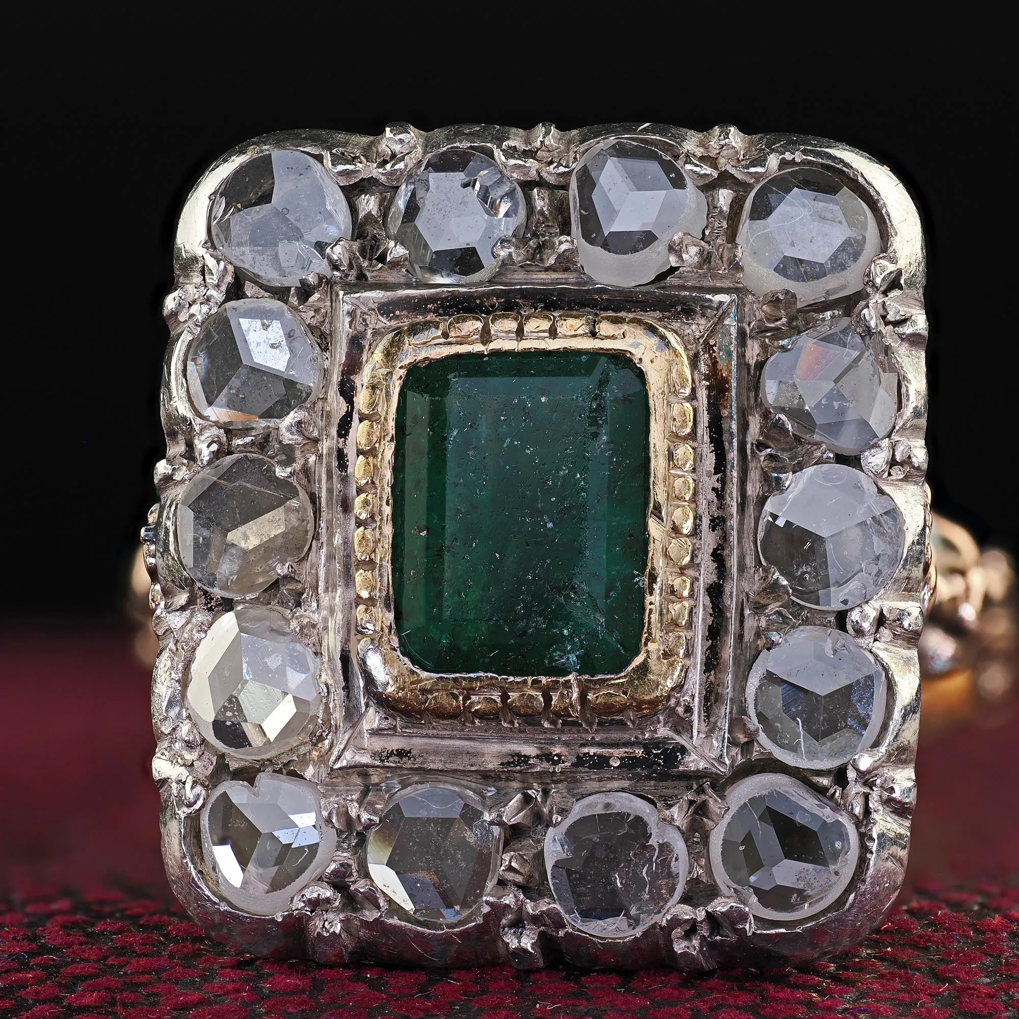 Victorian Style 12K Yellow Gold Rose Cut Diamond and Emerald Cocktail Ring