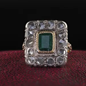 Victorian Style 12K Yellow Gold Rose Cut Diamond and Emerald Cocktail Ring