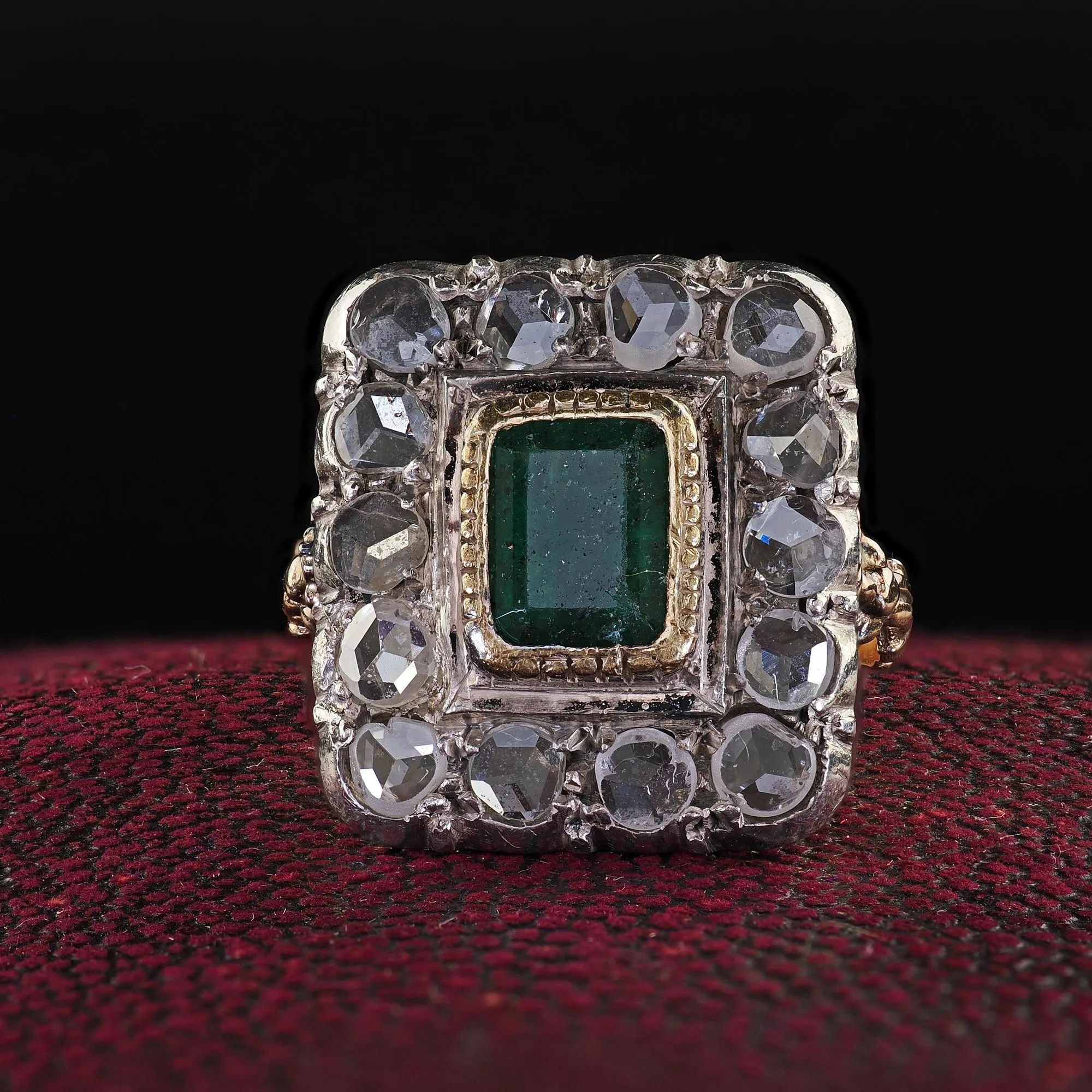 Victorian Style 12K Yellow Gold Rose Cut Diamond and Emerald Cocktail Ring