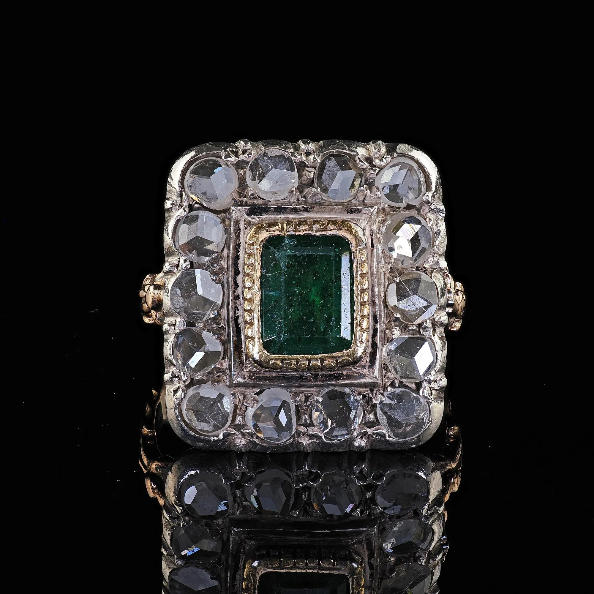 Victorian Style 12K Yellow Gold Rose Cut Diamond and Emerald Cocktail Ring