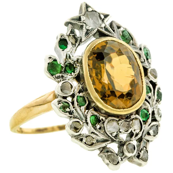 Victorian Zircon, Emerald & Diamond Ring