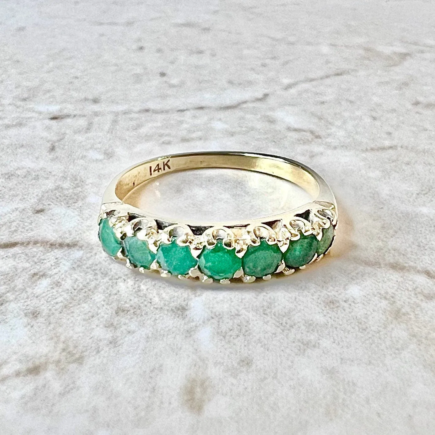 Vintage 14 Karat Yellow Gold Natural Emerald Seven-Stone Band Ring