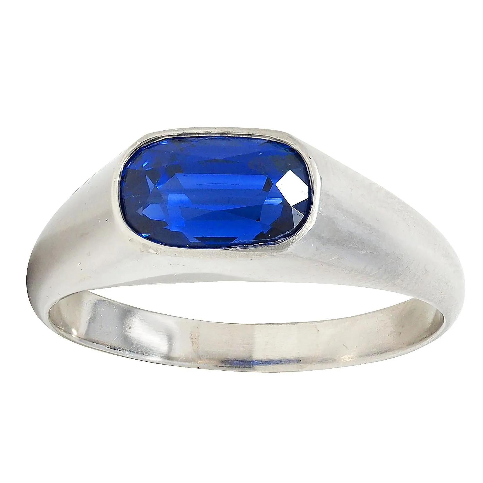 Vintage 4.12 CTW No Heat Ceylon Sapphire Platinum Flush Set Unisex Signet Ring SSEF