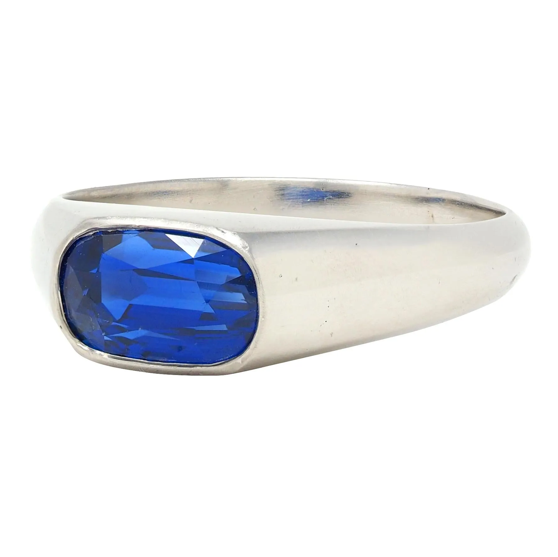Vintage 4.12 CTW No Heat Ceylon Sapphire Platinum Flush Set Unisex Signet Ring SSEF