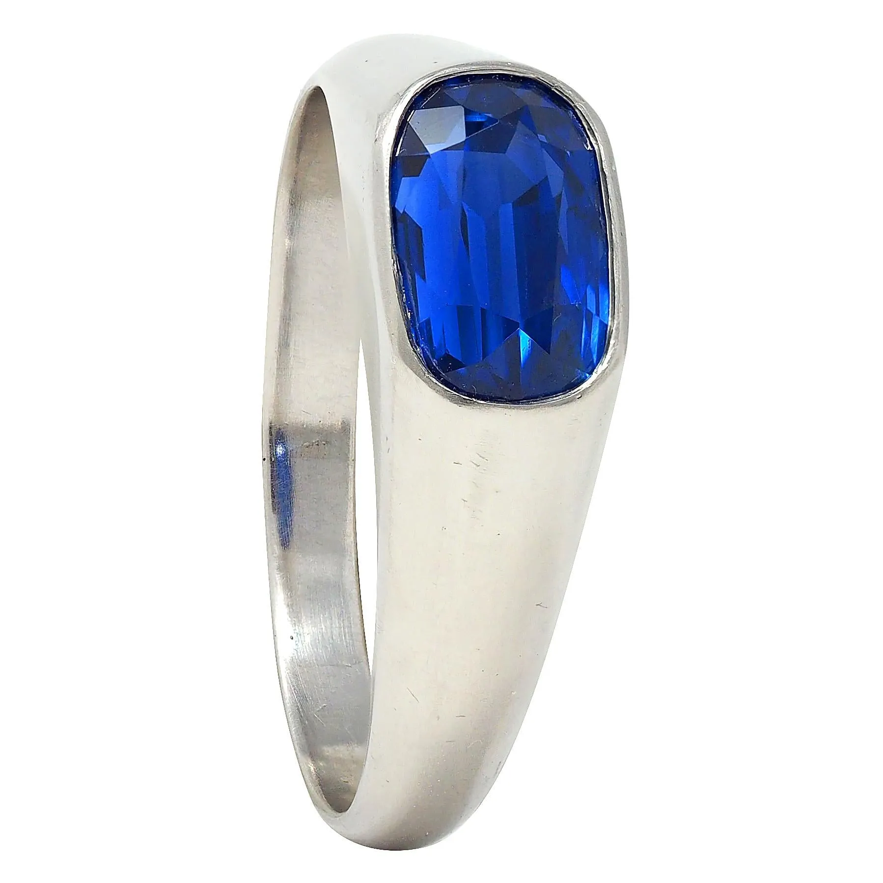 Vintage 4.12 CTW No Heat Ceylon Sapphire Platinum Flush Set Unisex Signet Ring SSEF
