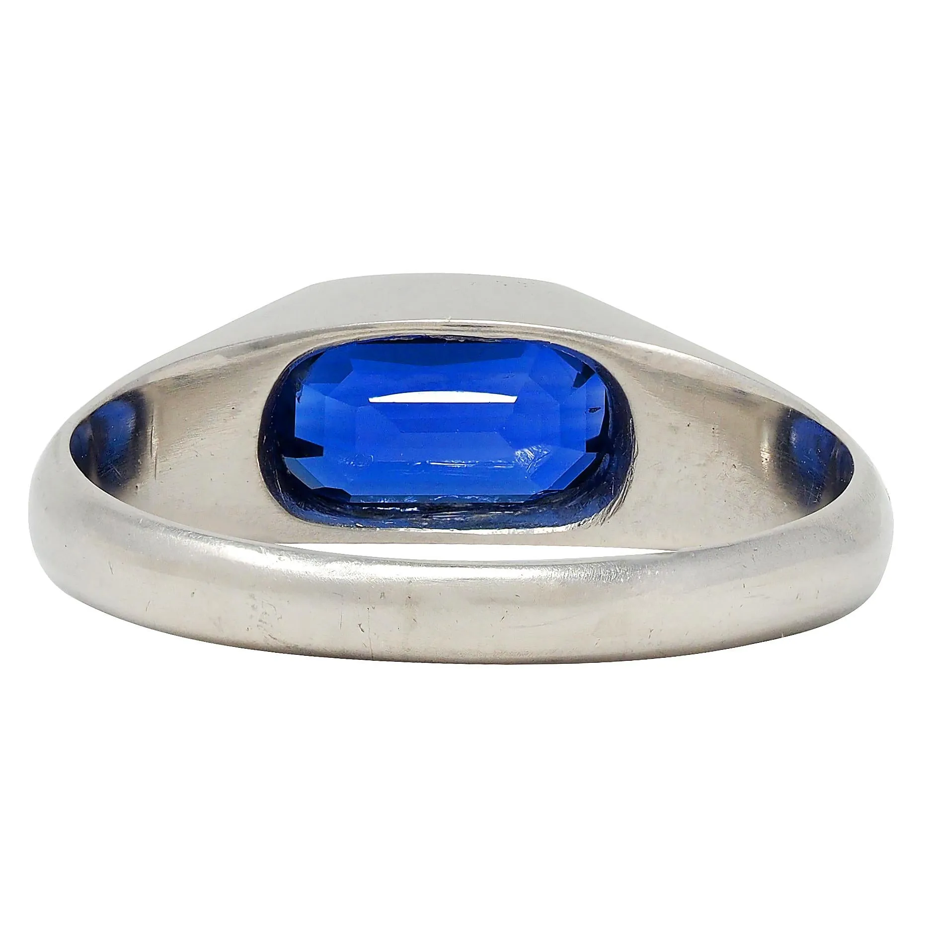 Vintage 4.12 CTW No Heat Ceylon Sapphire Platinum Flush Set Unisex Signet Ring SSEF