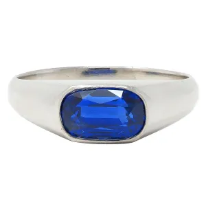 Vintage 4.12 CTW No Heat Ceylon Sapphire Platinum Flush Set Unisex Signet Ring SSEF