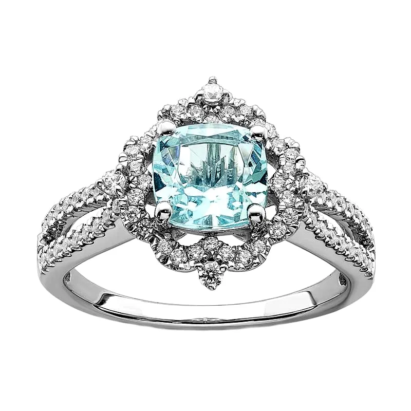 Vintage Aquamarine and Diamond Engagement Rings and Matching Diamond Wedding Band