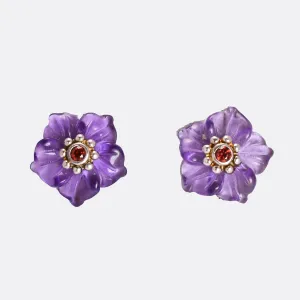 Vintage Carved Amethyst and Ruby Pansy Earrings