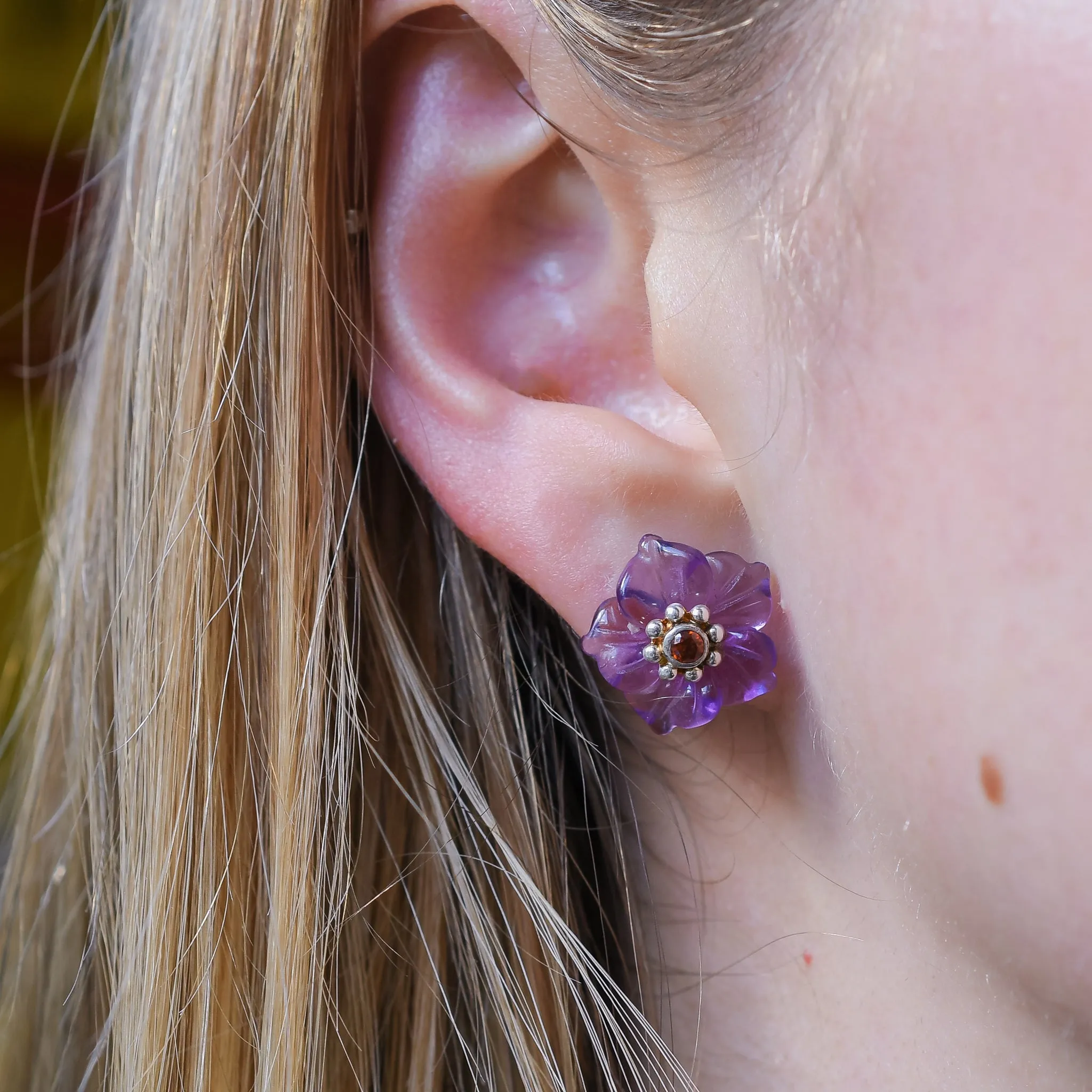 Vintage Carved Amethyst and Ruby Pansy Earrings