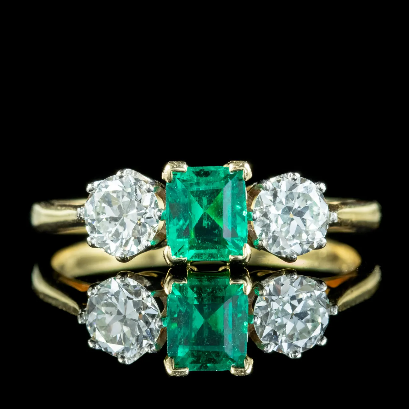 Vintage Emerald Diamond Trilogy Ring 0.84ct Colombian Emerald With Cert
