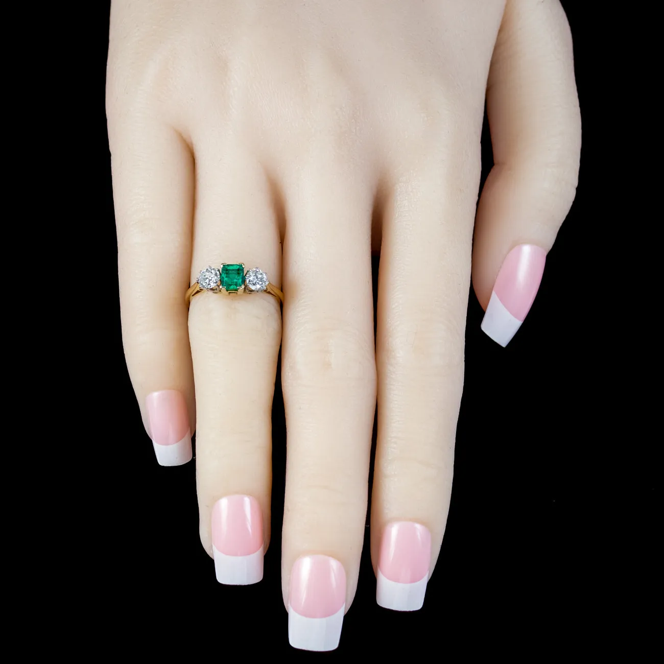 Vintage Emerald Diamond Trilogy Ring 0.84ct Colombian Emerald With Cert
