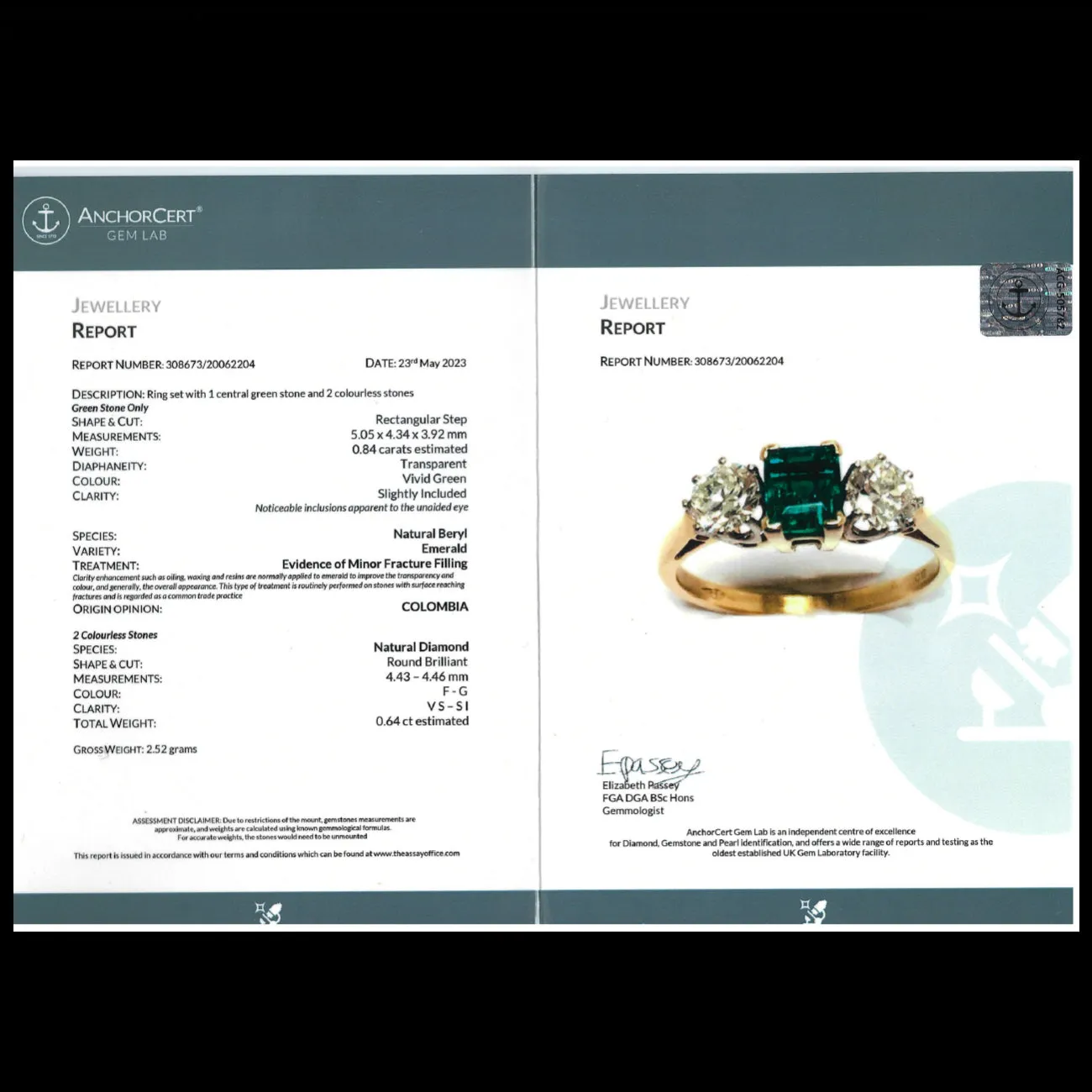Vintage Emerald Diamond Trilogy Ring 0.84ct Colombian Emerald With Cert