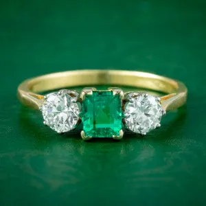Vintage Emerald Diamond Trilogy Ring 0.84ct Colombian Emerald With Cert