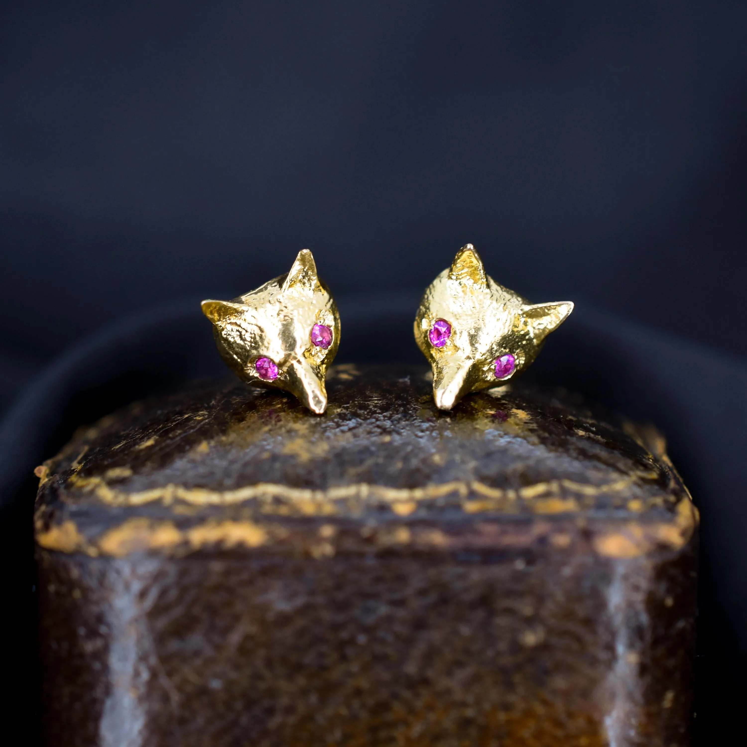Vintage Fox Head with Ruby Eyes 9ct Gold Stud Earrings