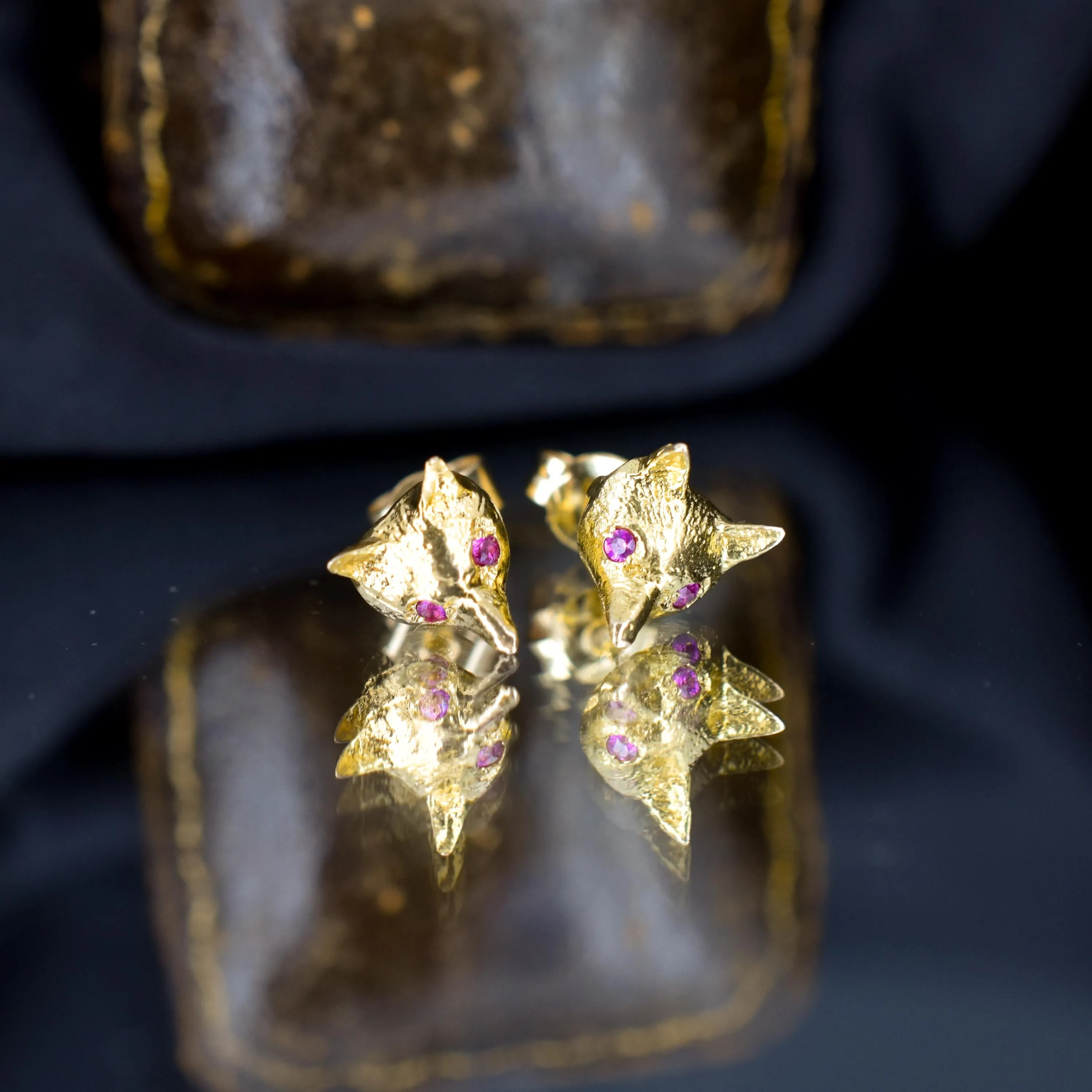 Vintage Fox Head with Ruby Eyes 9ct Gold Stud Earrings