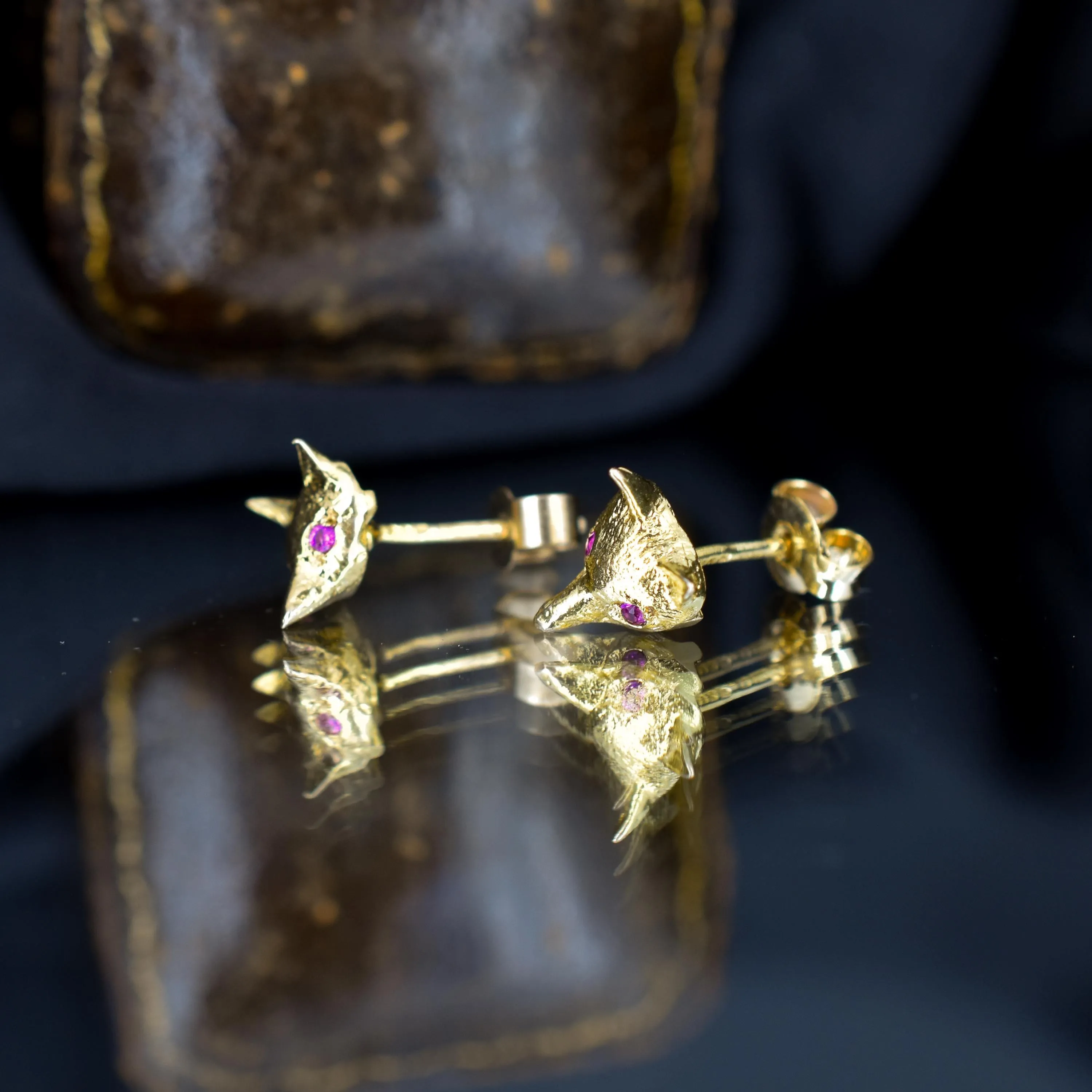 Vintage Fox Head with Ruby Eyes 9ct Gold Stud Earrings