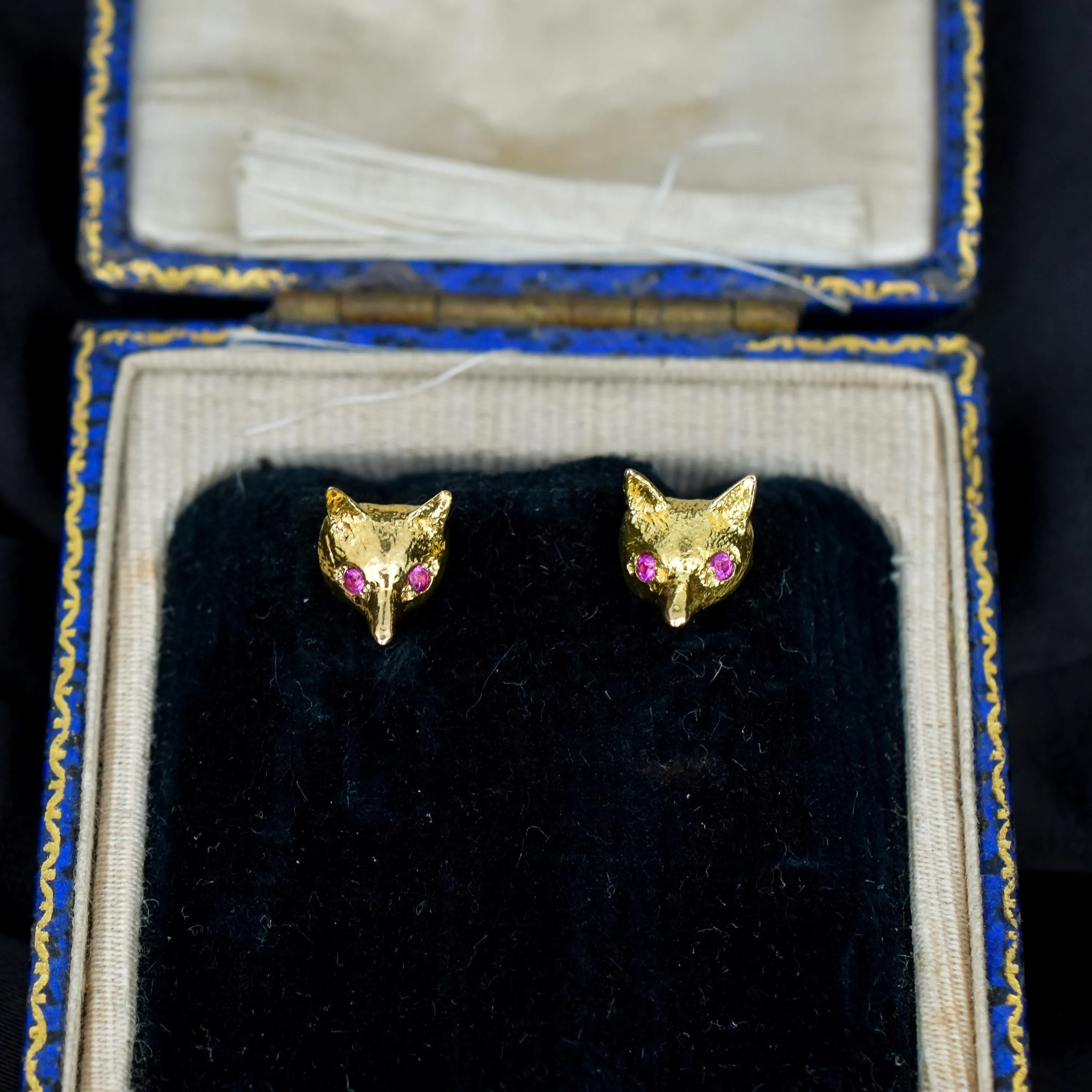 Vintage Fox Head with Ruby Eyes 9ct Gold Stud Earrings