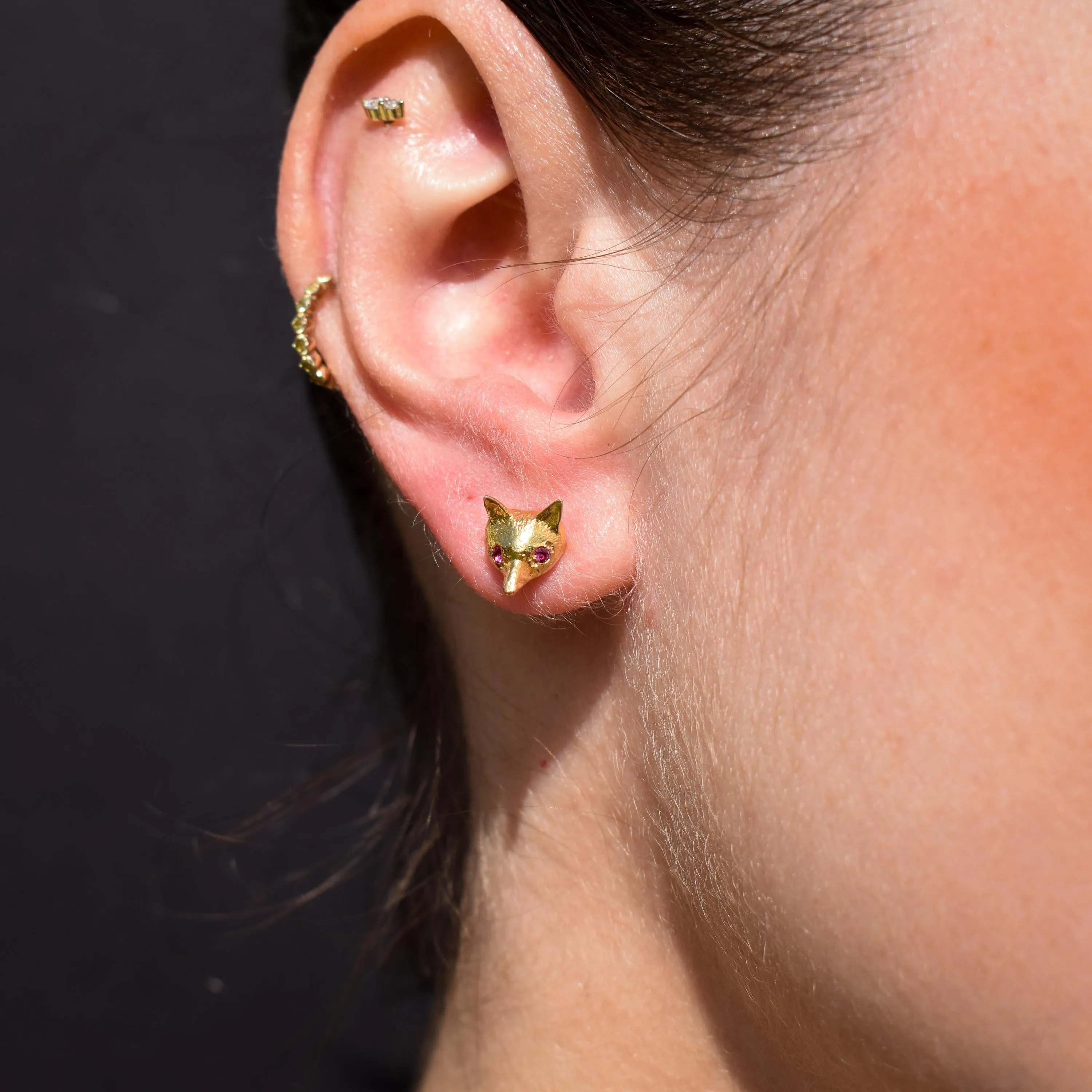 Vintage Fox Head with Ruby Eyes 9ct Gold Stud Earrings