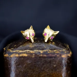 Vintage Fox Head with Ruby Eyes 9ct Gold Stud Earrings