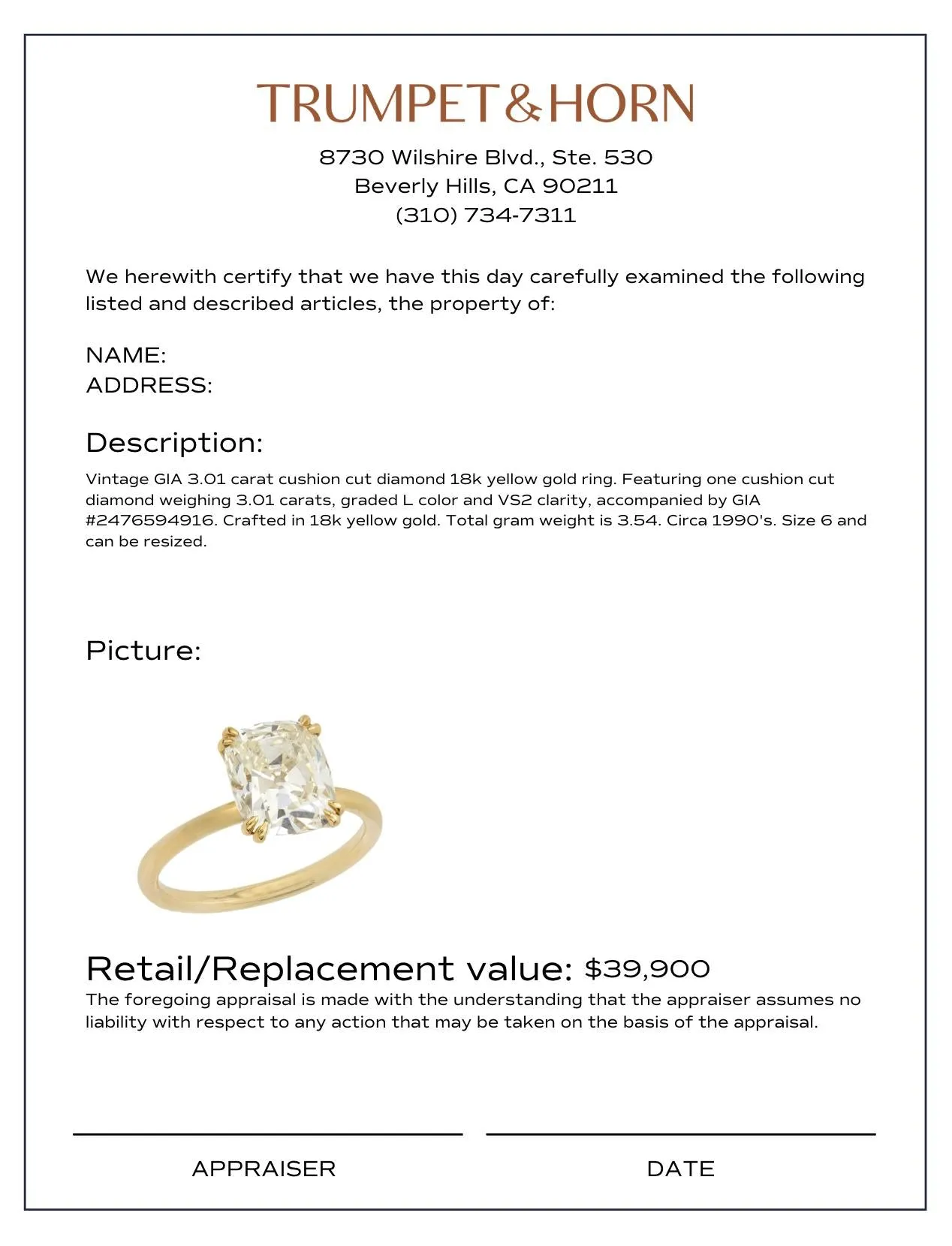Vintage GIA 3.01 carat cushion cut diamond 18k yellow gold engagement ring