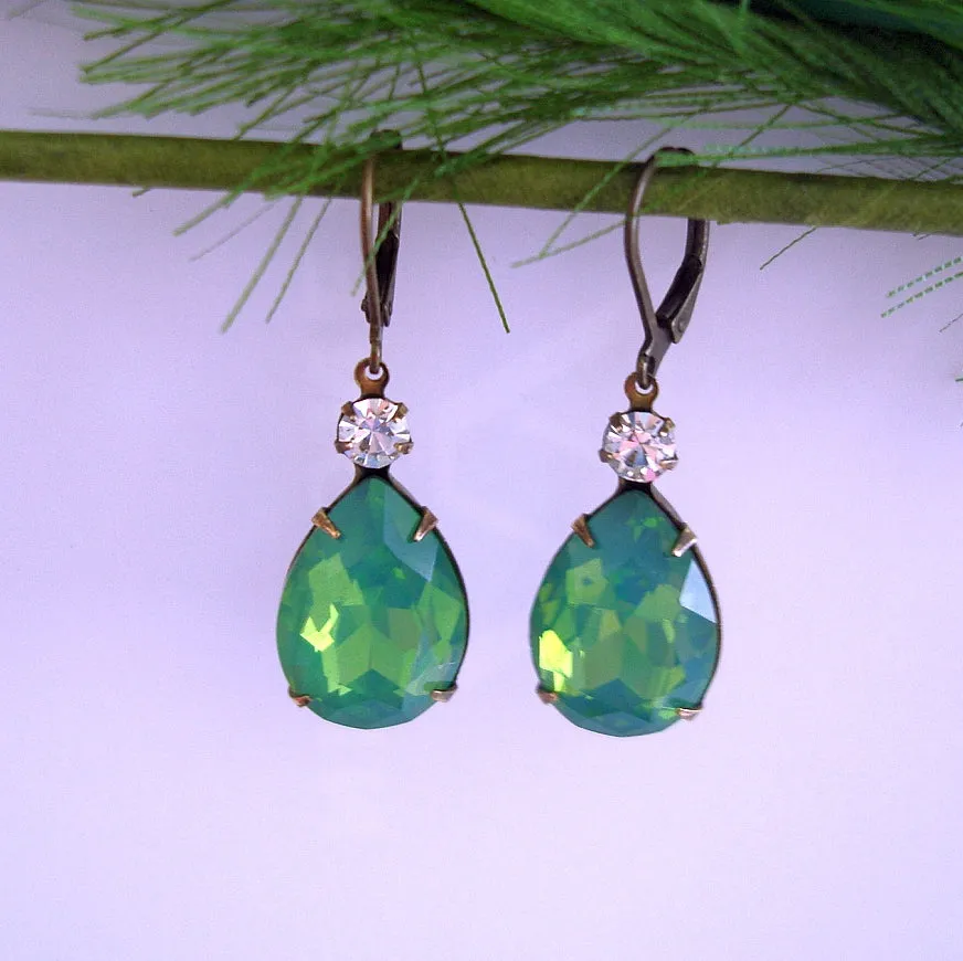 Vintage Green Opal  Swarovski Teardrop Clear Swarovski Crystal Prong Setting Earrings.