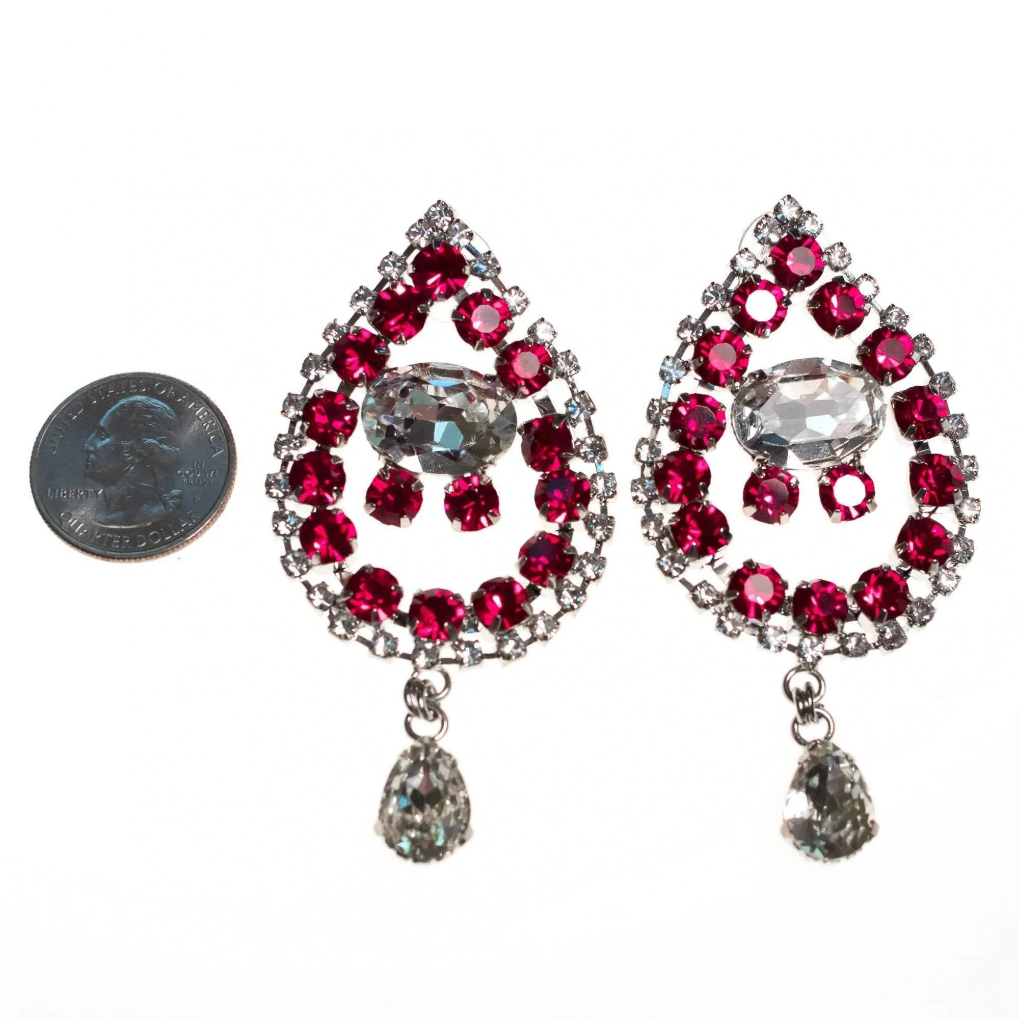 Vintage Huge Ruby Rhinestone Mogul Style Statement Earrings