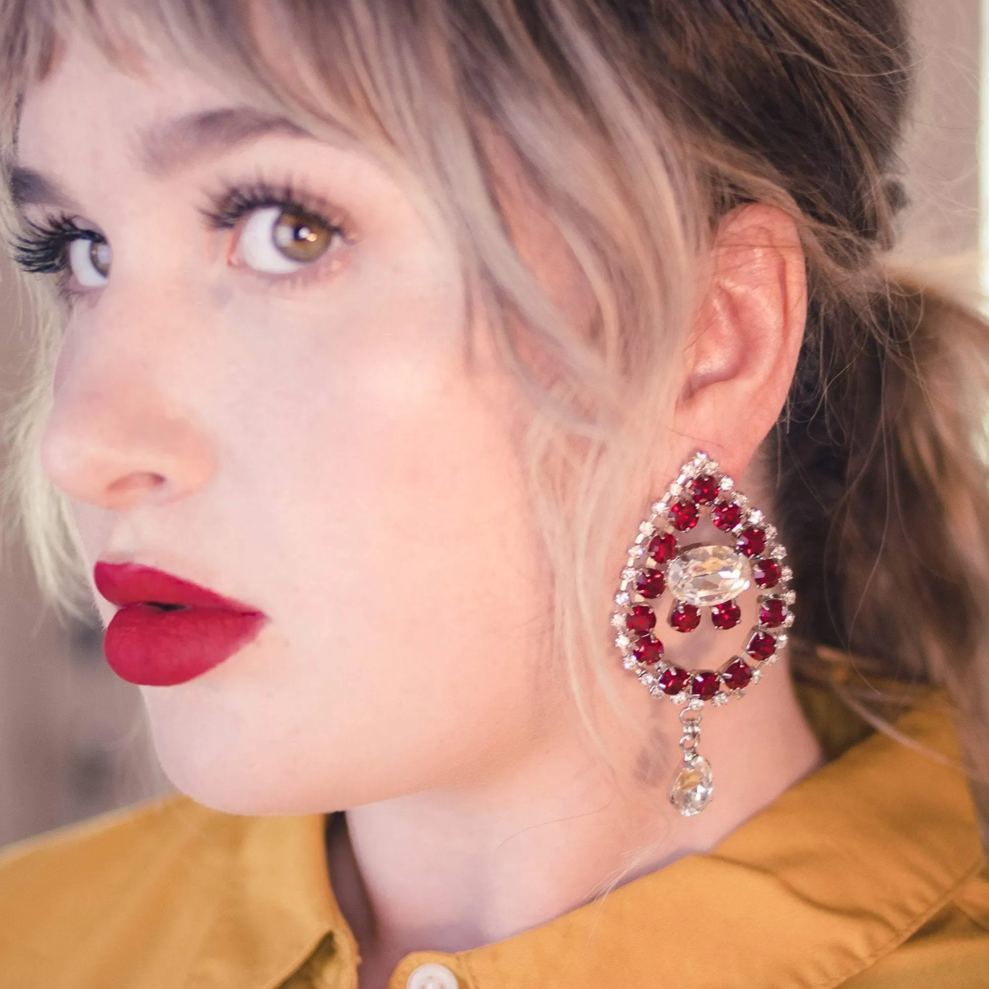 Vintage Huge Ruby Rhinestone Mogul Style Statement Earrings