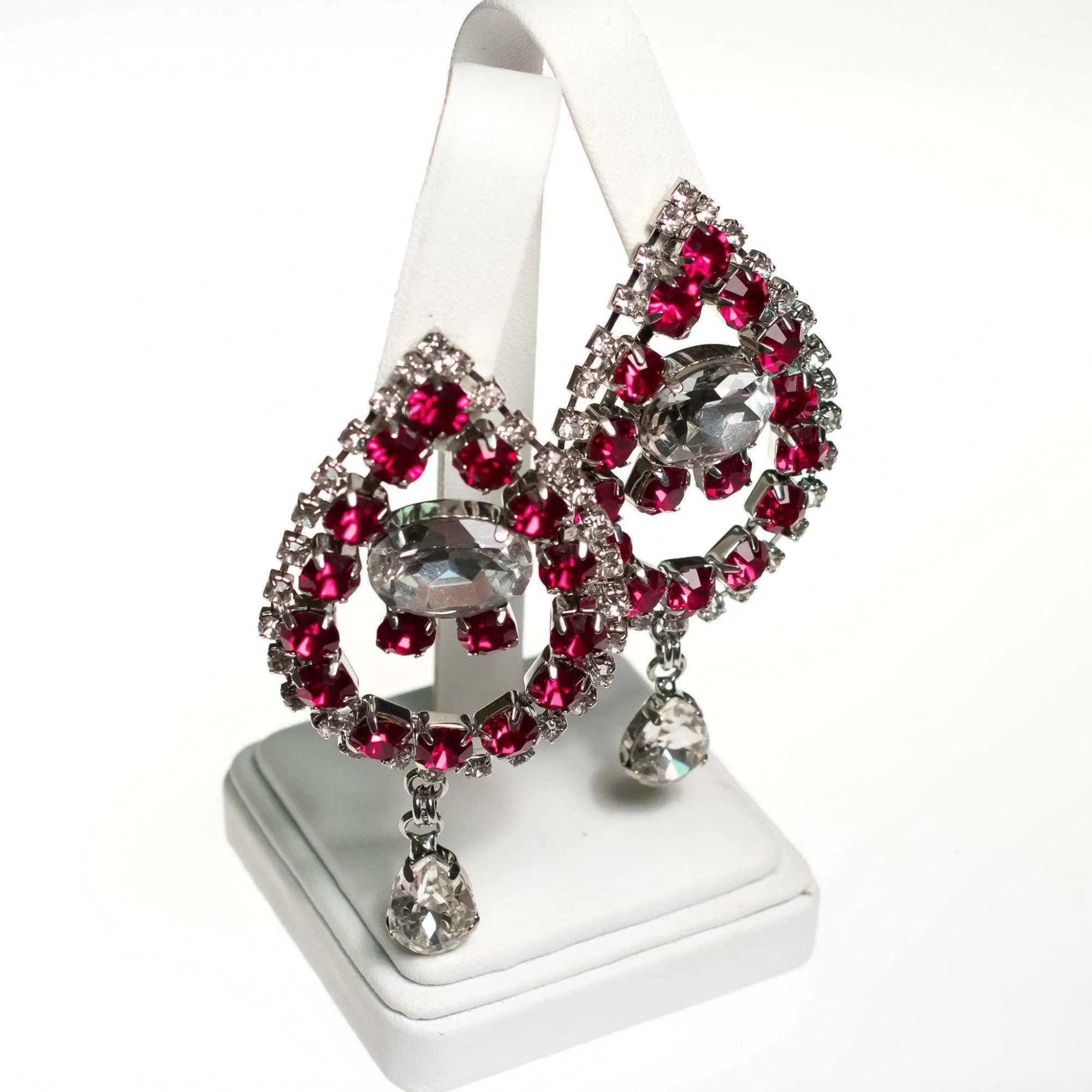 Vintage Huge Ruby Rhinestone Mogul Style Statement Earrings