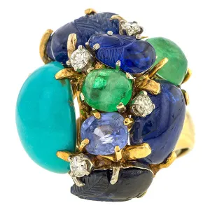 Vintage Seaman Schepps Sapphire, Emerald & Turquoise Cluster Ring