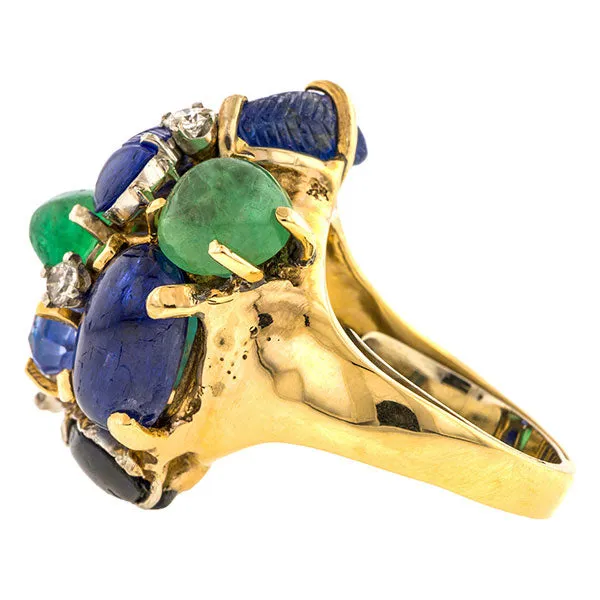 Vintage Seaman Schepps Sapphire, Emerald & Turquoise Cluster Ring