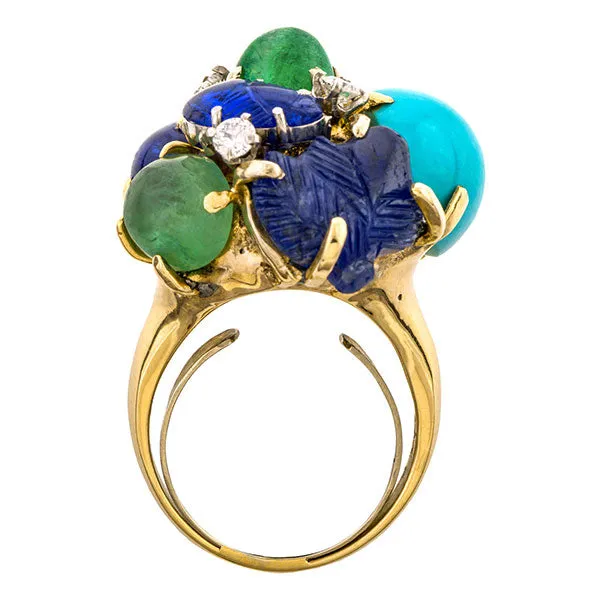 Vintage Seaman Schepps Sapphire, Emerald & Turquoise Cluster Ring