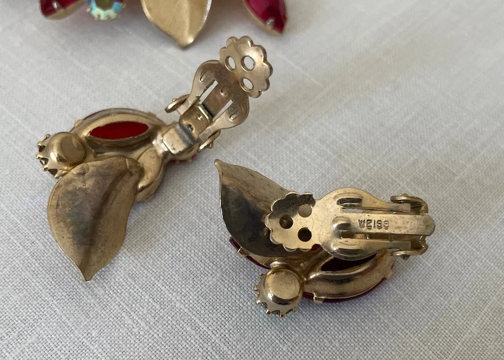 Vintage Weiss Ruby Red Rhinestone Pin and Earrings Set