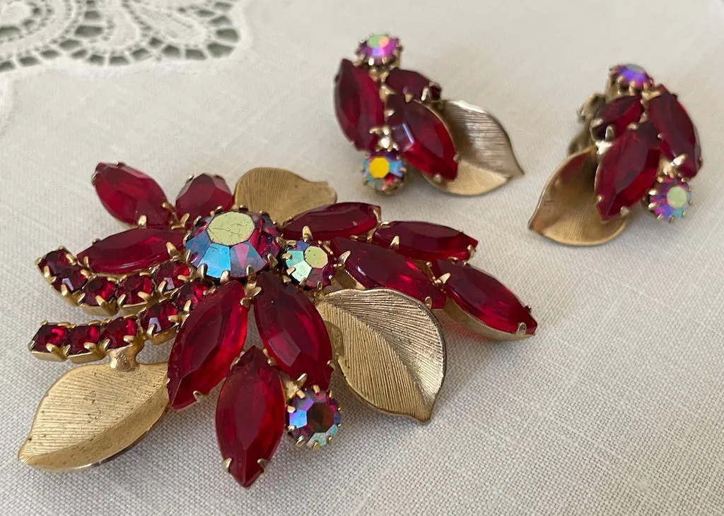 Vintage Weiss Ruby Red Rhinestone Pin and Earrings Set