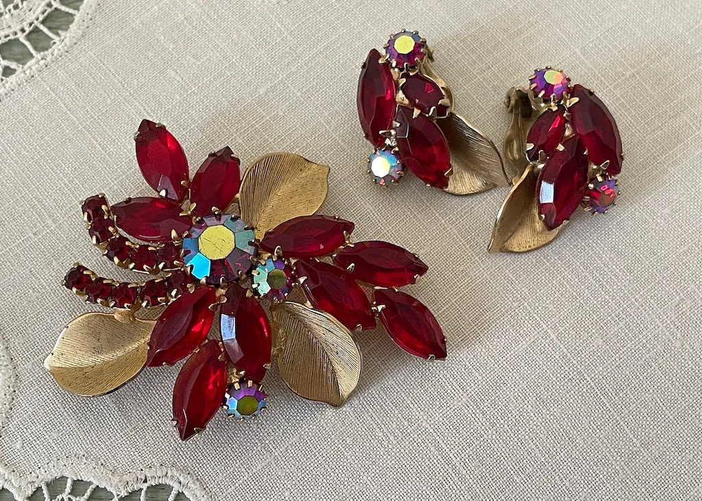 Vintage Weiss Ruby Red Rhinestone Pin and Earrings Set