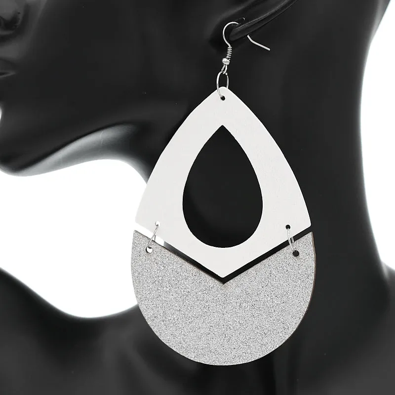 White Glitter Wooden Link Teadrop Earrings