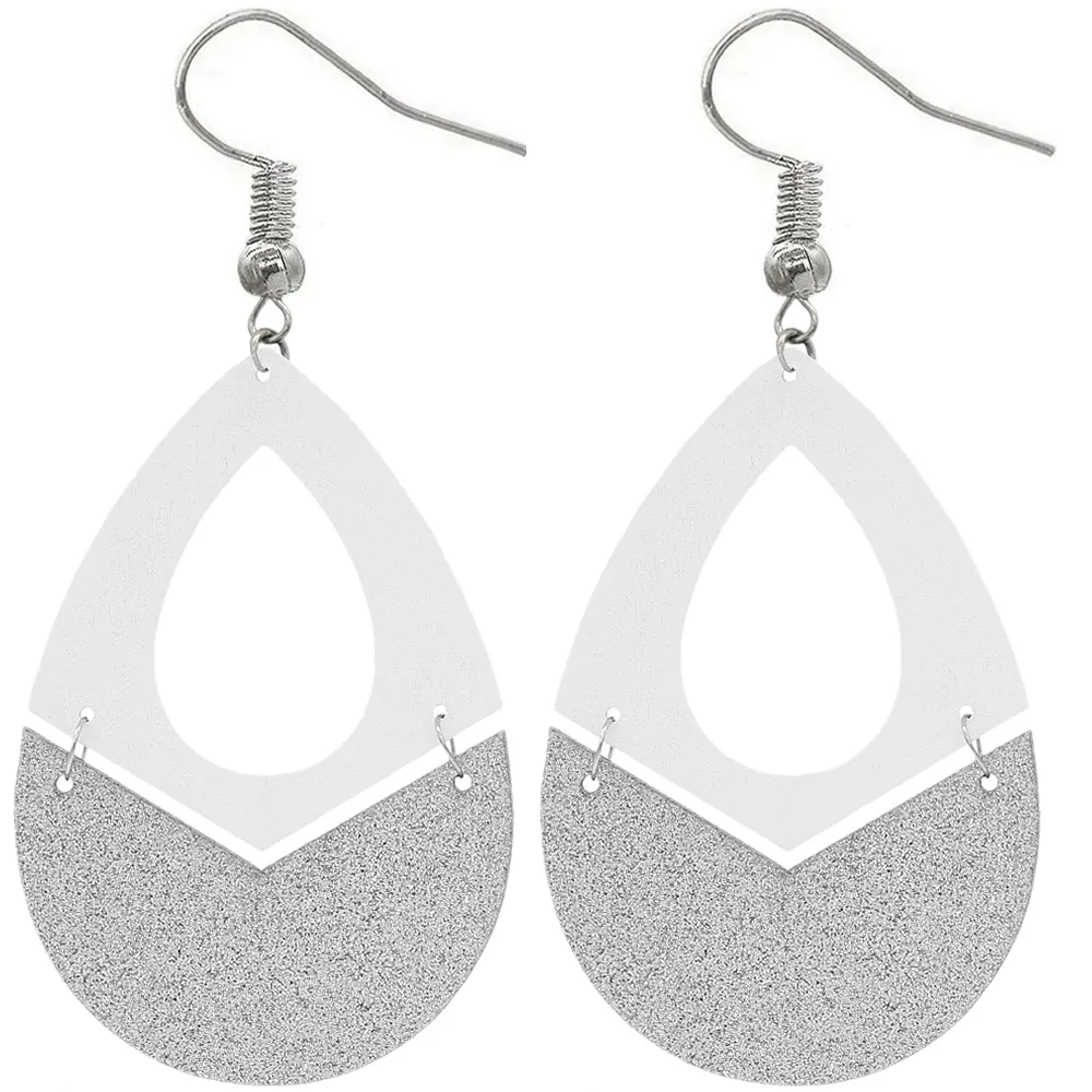 White Glitter Wooden Link Teadrop Earrings