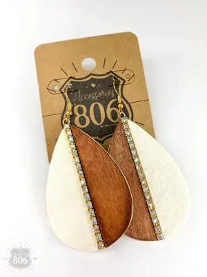 Wood, Rhinestone, and Cow Hair Teardrop Earrings in White