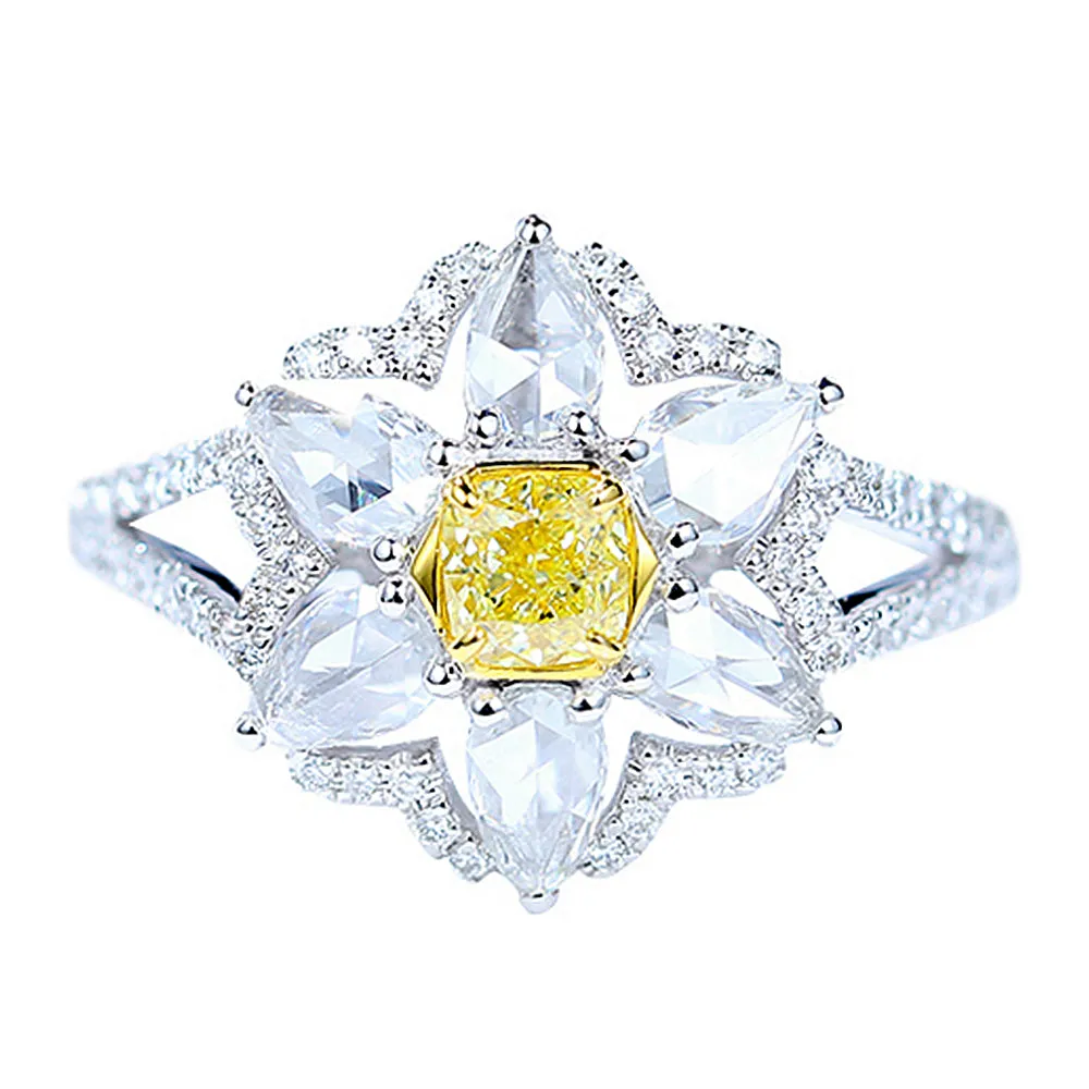 Yellow and White Diamond Flower Shape Ring
