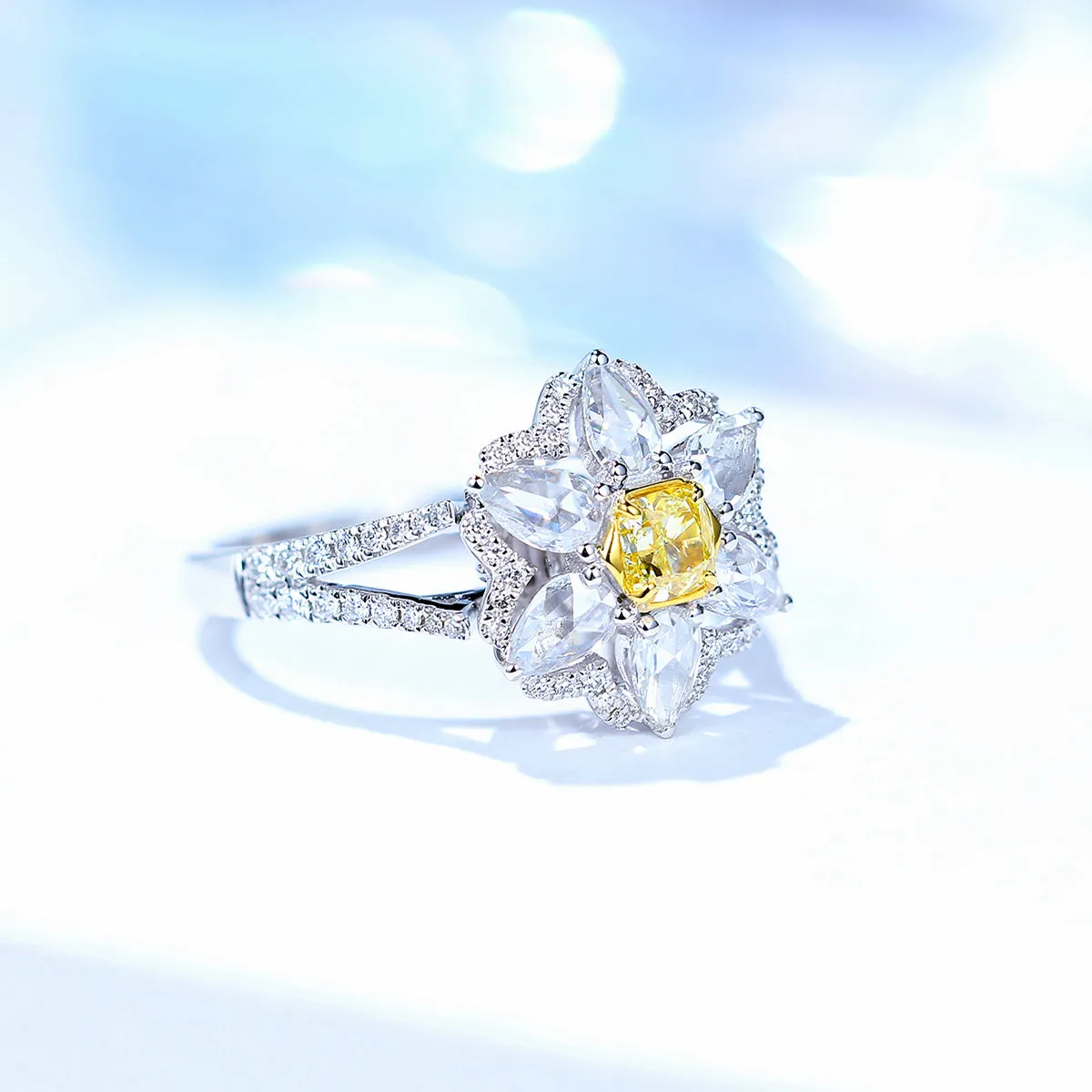 Yellow and White Diamond Flower Shape Ring
