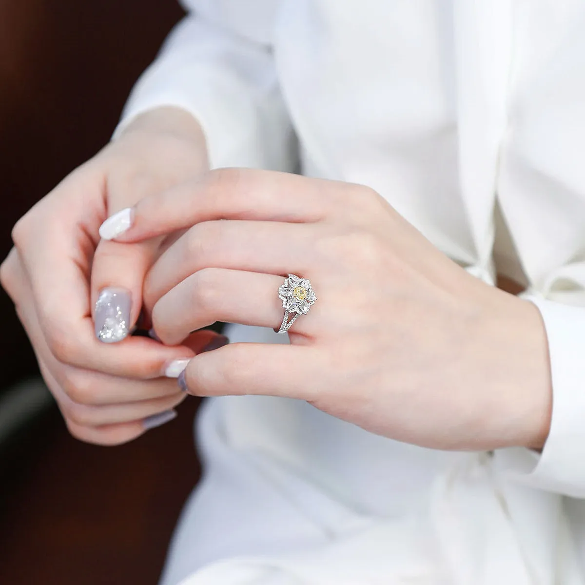 Yellow and White Diamond Flower Shape Ring