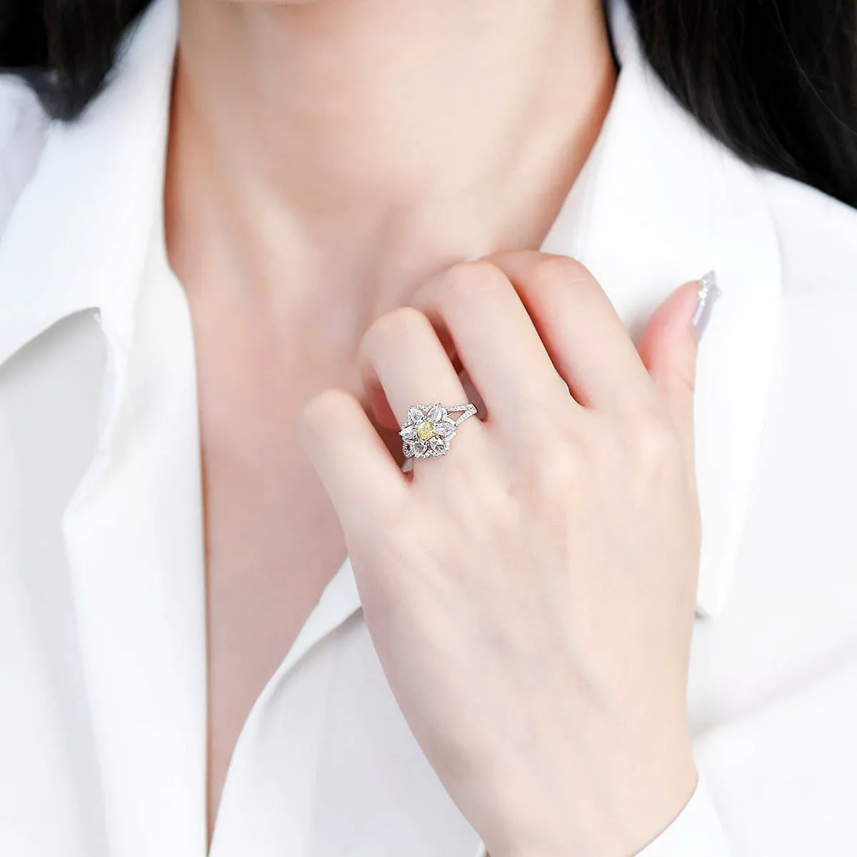 Yellow and White Diamond Flower Shape Ring
