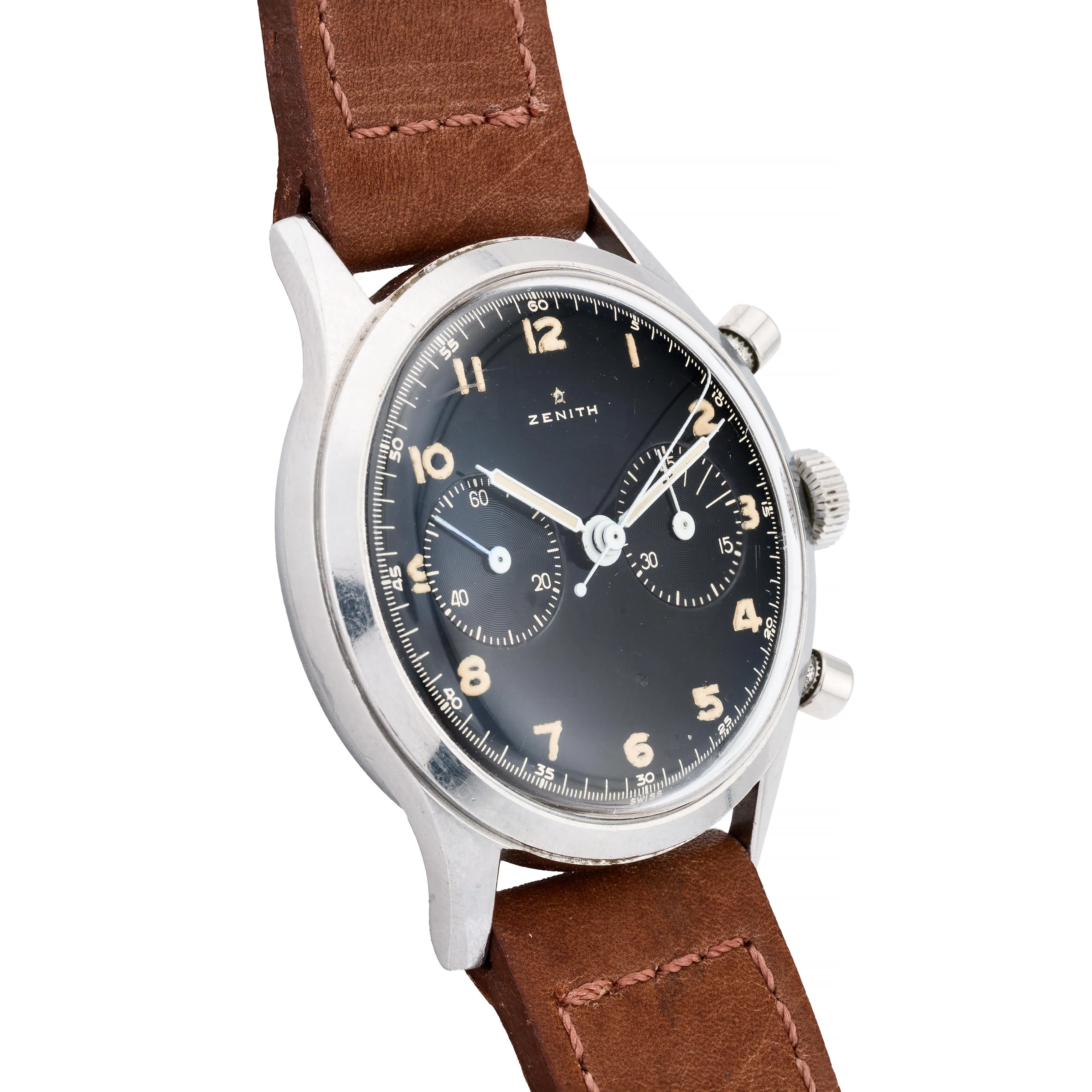 Zenith Yugoslavian Military 143-6 Chronograph Black Gilt Dial, Stainless